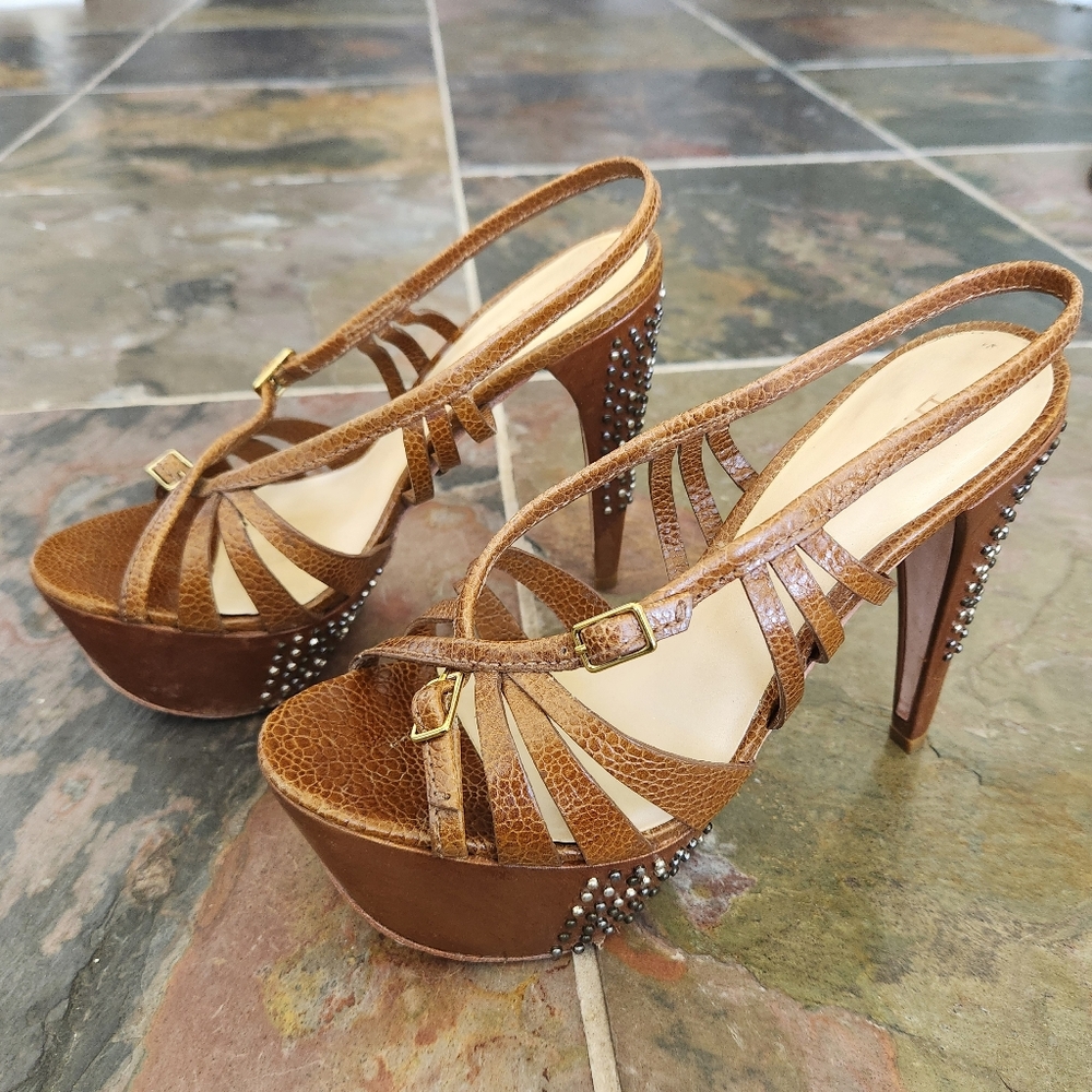 L.A.M.B. "Dale" Women's Strappy Platform Shoes, Brown Leather Heels Size 6